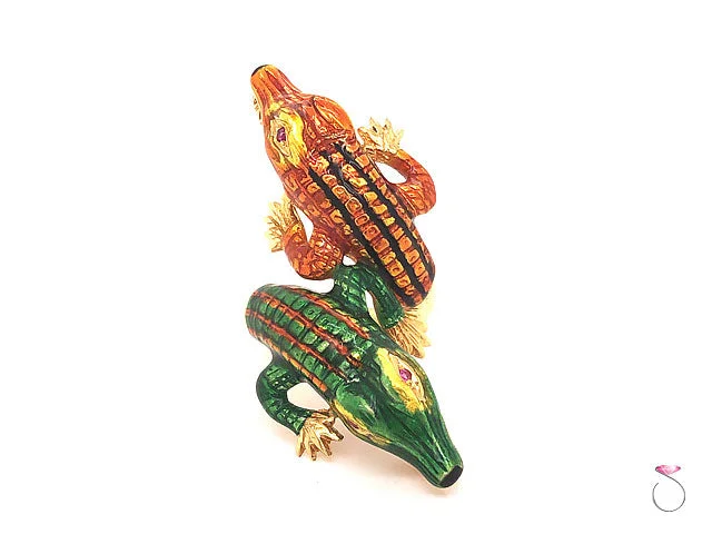 Fashionable Rings-Vintage Large Enameled Alligator Ring in 18k Yellow Gold & Rubies. Rare 1960's