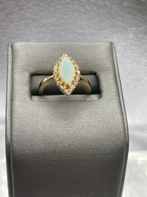 Engagement Rings-Ladies Vintage 10 Karat Yellow Gold Opal & Diamond Halo Ring