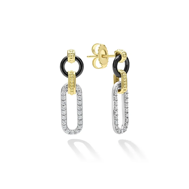 Large Earrings-Caviar Black Ceramic and Diamond Oval Links Circle Top 15mm Drop Earrings in Sterling Silver and18K Yellow Gold