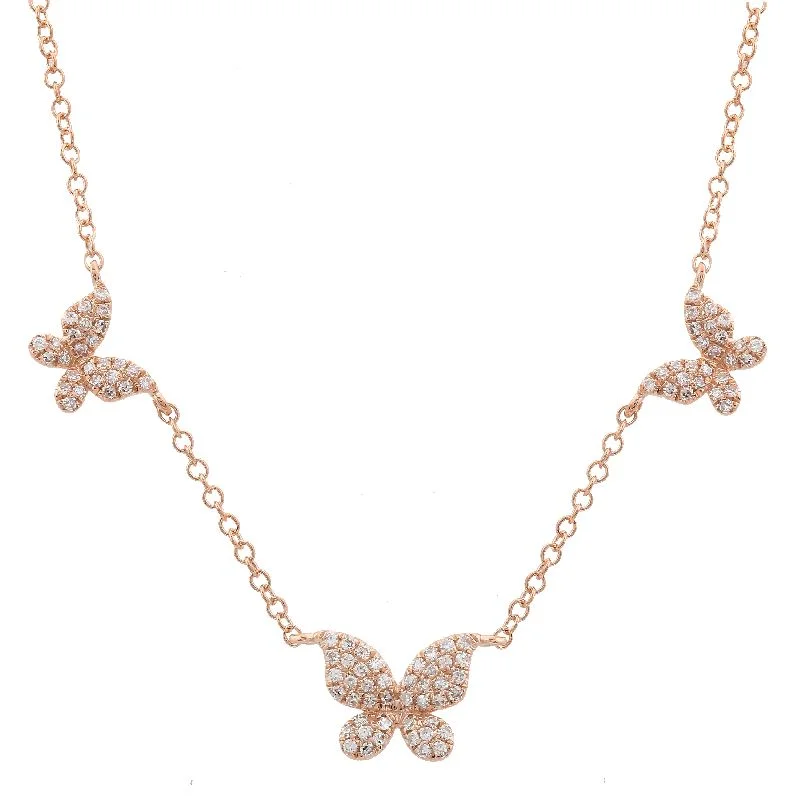 Topaz Necklaces-14K Rose Gold Triple Butterfly Diamond Necklace