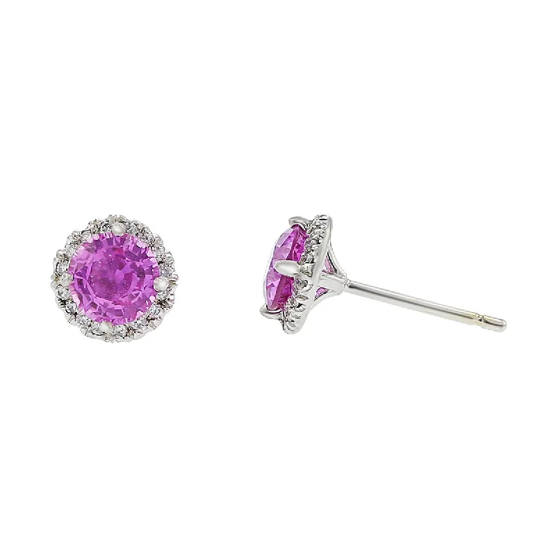 Chic Gold Earrings-Pink Sapphire and Diamond Halo Stud Earrings