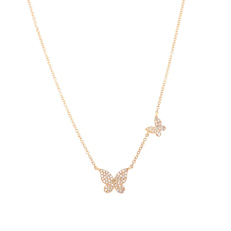 Thick Necklaces-14K Yellow Gold Diamond Double Butterfly Necklace