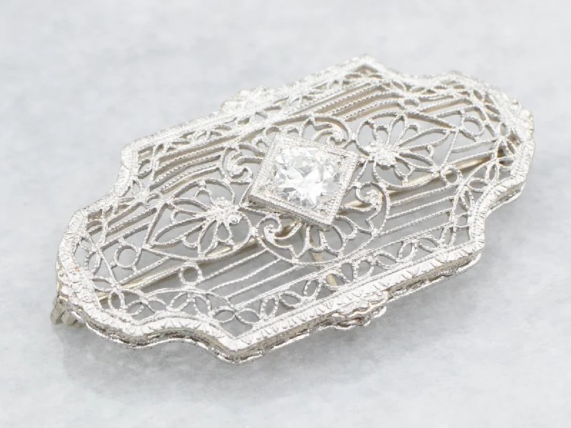 Fashion Gold Brooch-Art Deco Diamond Filigree Brooch