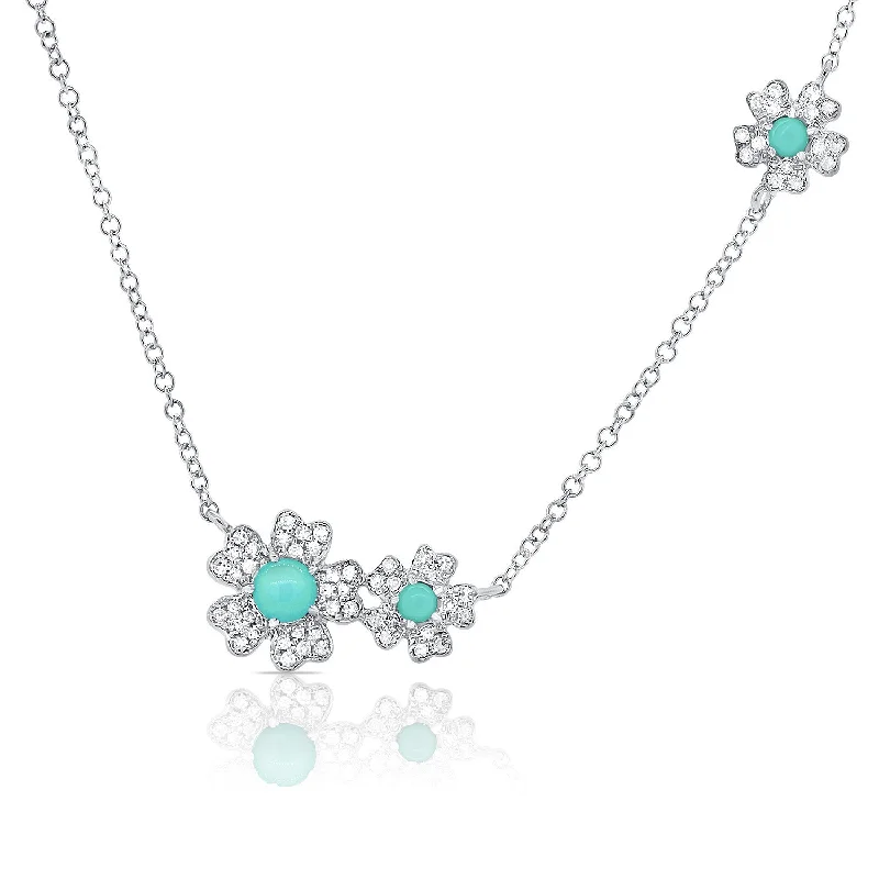 Geometric Necklaces-14K White Gold Diamond + Turquoise Flower Necklace