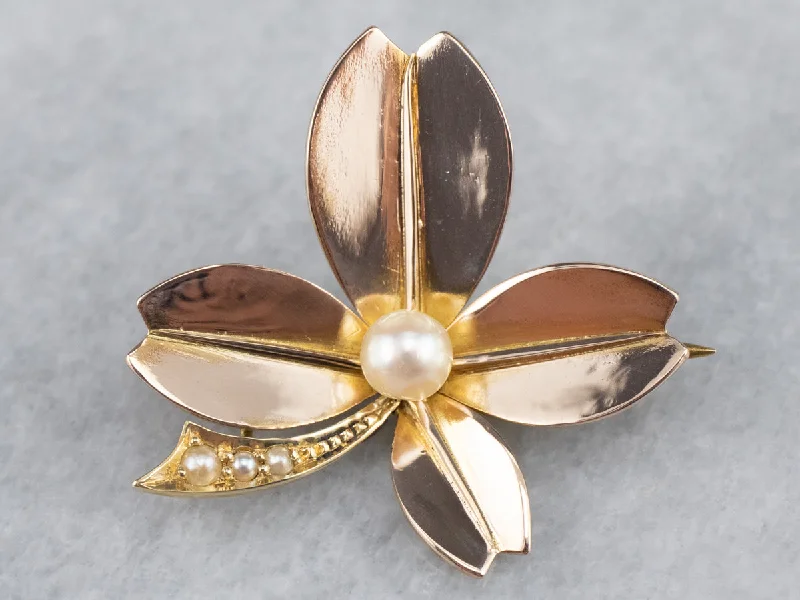 Classic Silver Brooch-14K Yellow Gold Antique Pearl and Seed Pearl Clover Brooch