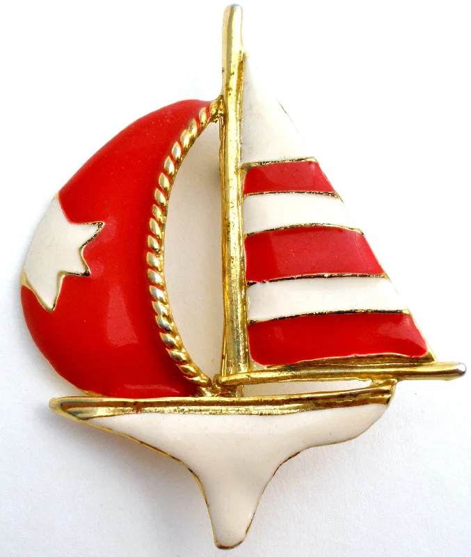 Wedding Brooch Set-Sailboat Brooch Red & White Star Enamel Nautical Pin Vintage