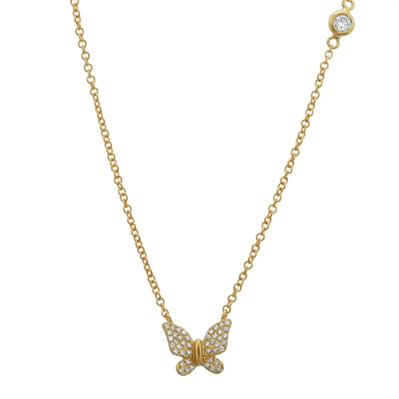 Opal Necklaces-14K Yellow Gold Butterfly Necklace with Diamond Bezel Chain