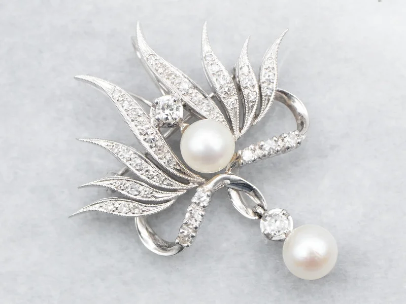 Rose Brooch Pin-White Gold Pearl and Diamond Brooch or Pendant