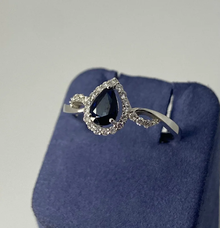 Wedding Ring Sets for Women-White Gold Pear-Shape Natural Sapphire and Diamond Ring