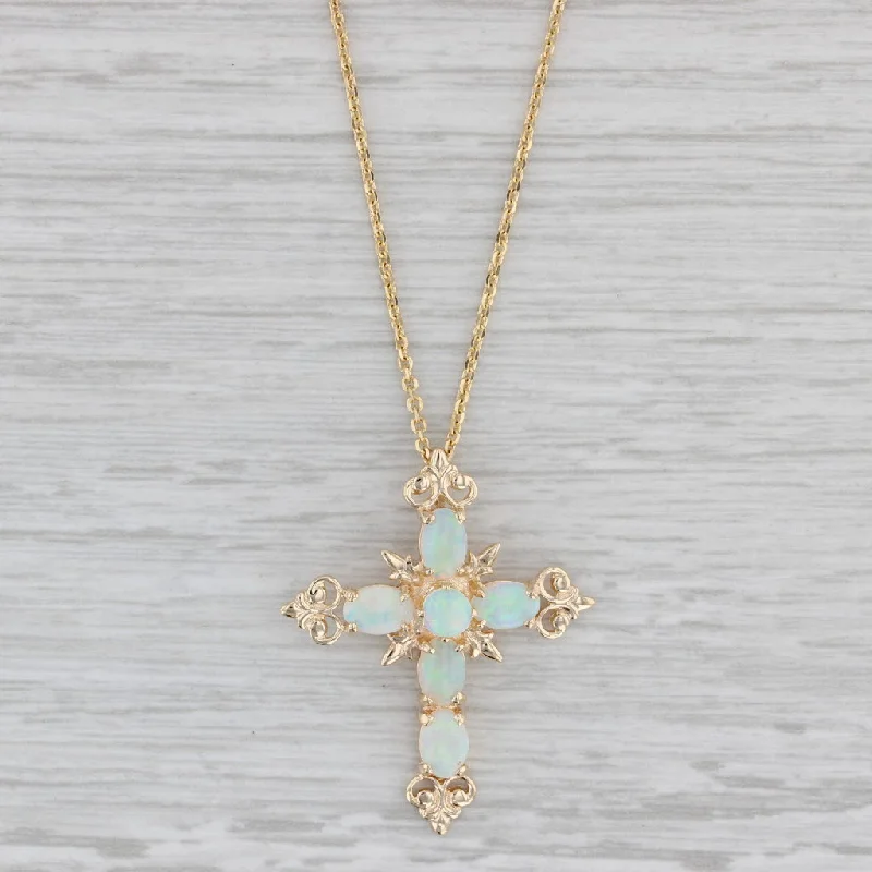 Infinity Necklaces-Ornate Opal Cross Pendant Necklace 14k Yellow Gold 24" Cable Chain