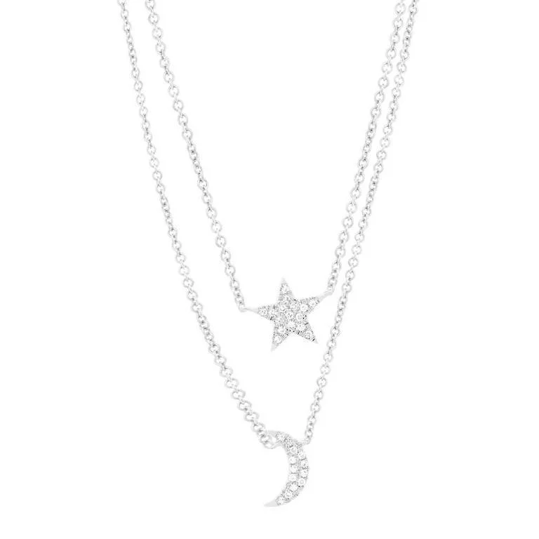 Gold Cross Necklaces-14K White Gold Diamond Moon & Star Double Necklace