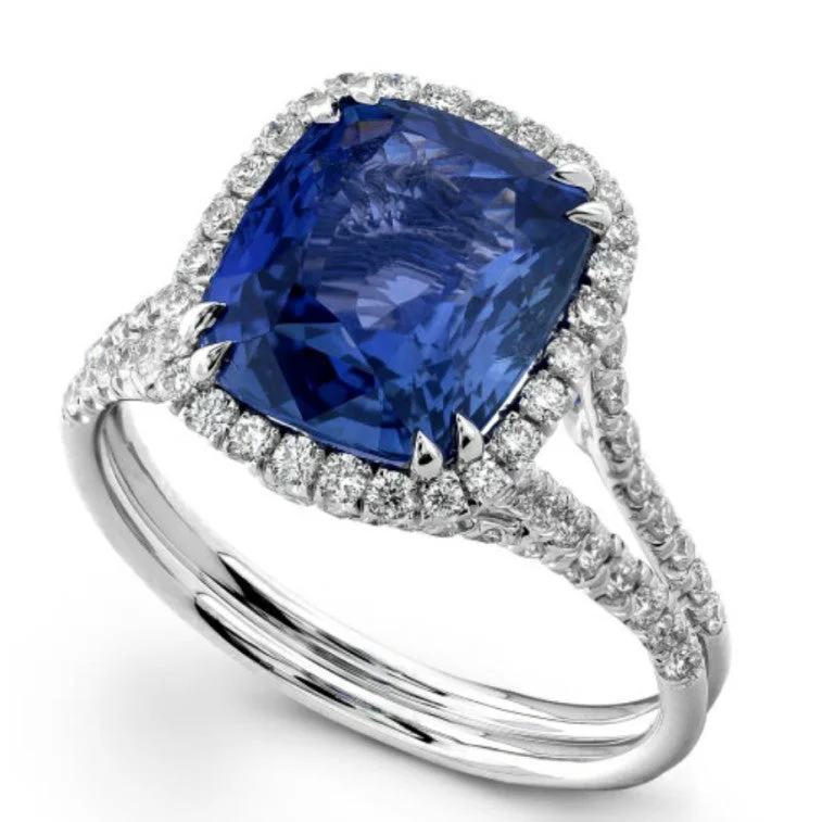 Thin Silver Rings-Cushion Shaped Tanzanite & Diamond Halo Platinum Engagement or Cocktail Ring