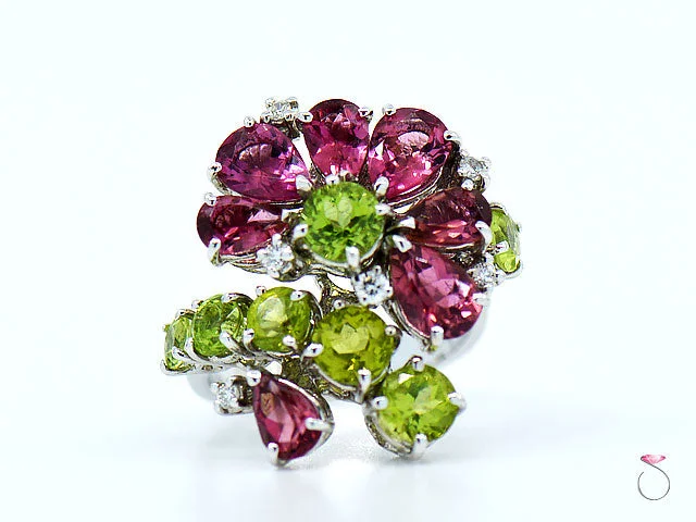 Signet Rings-Designer Tourmaline, Peridot & Diamond Floral Cluster Ring By Assor Gioielli