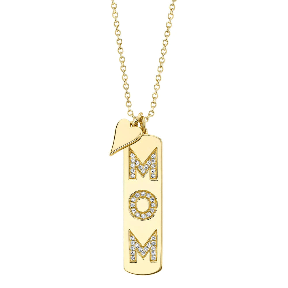 Wedding Necklaces-14K Yellow Gold Diamond "Mom" Dog Tag and Heart Necklace