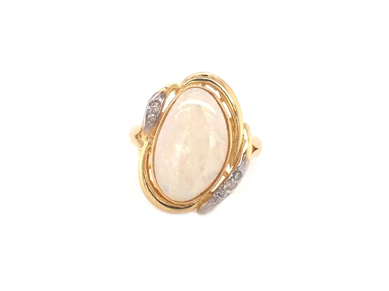 Unique Rings-Oval White Opal & Diamond Split Shank Ring - 14k Yellow Gold