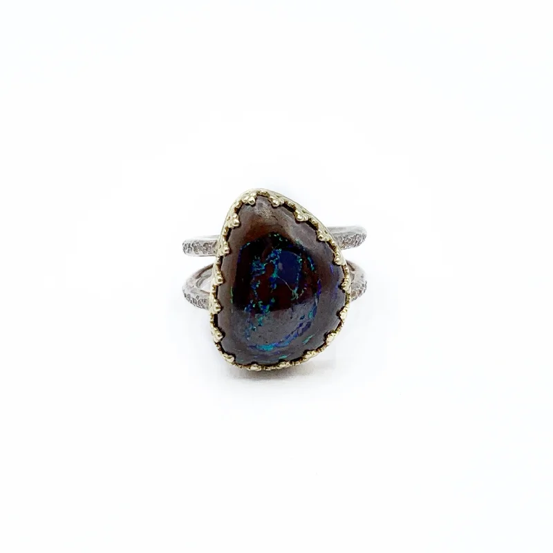 Amethyst Rings-Boulder Opal in Gold Crown Hammered Ring