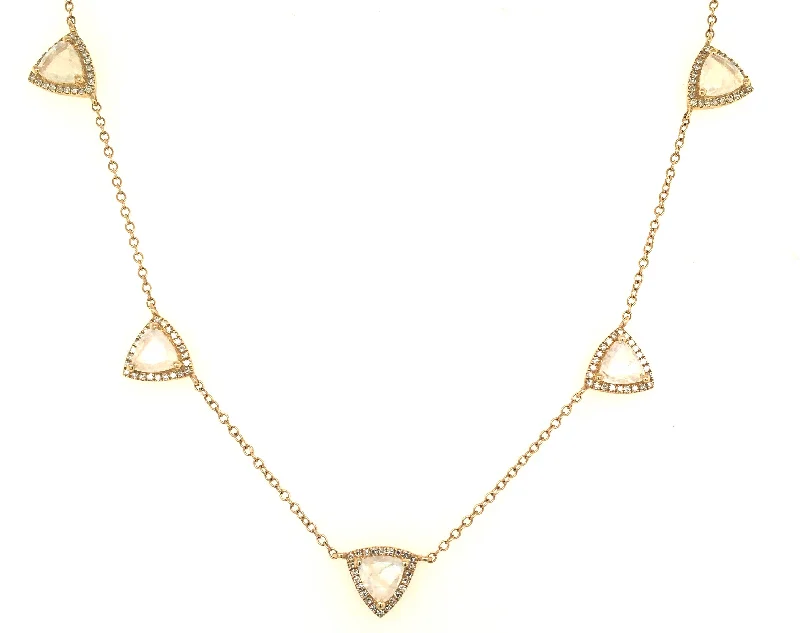 Custom Necklaces-14K Yellow Gold Diamond + Triangle Rainbow Moonstone Necklace