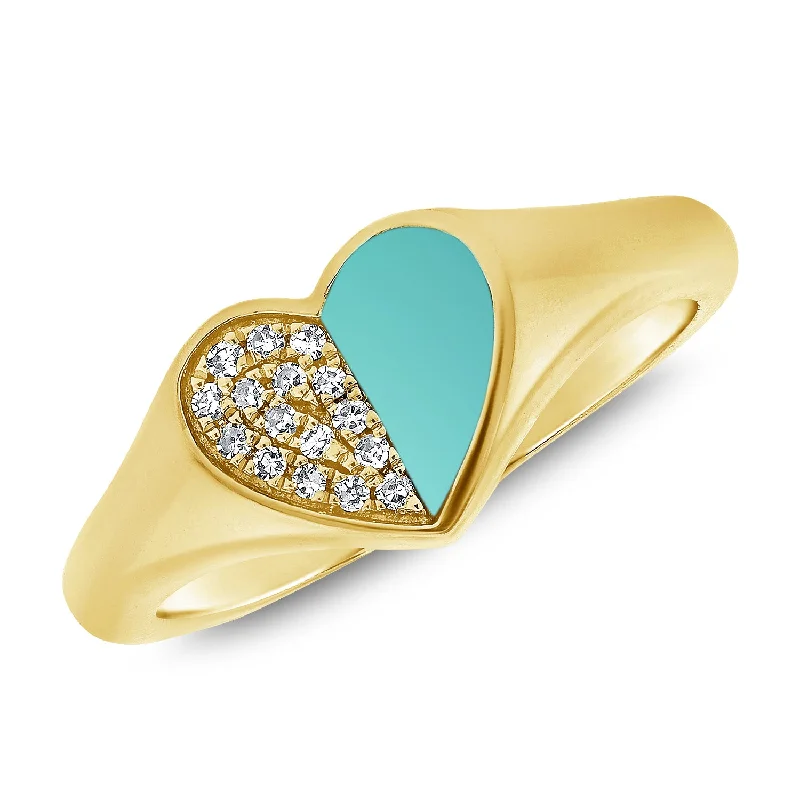 Statement Rings-Vibrant Heart Pinky Ring with Turquoise and Diamonds in 14K Gold