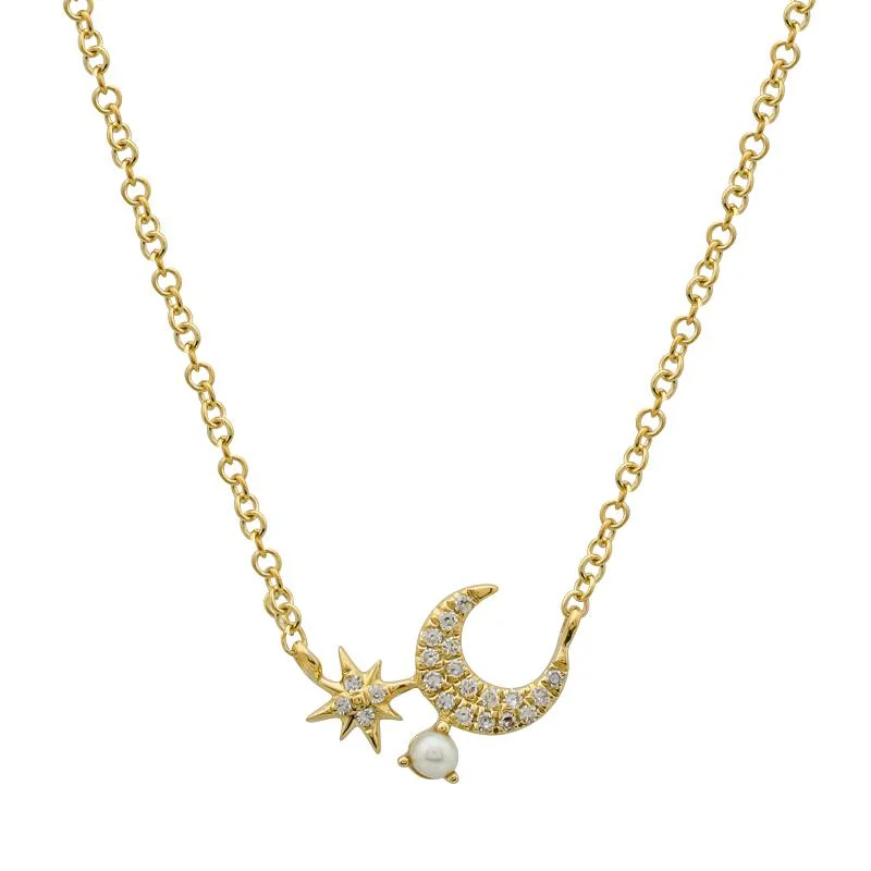 Zodiac Necklaces-14k Yellow Gold Diamond and Pearl Moon and Star Necklace