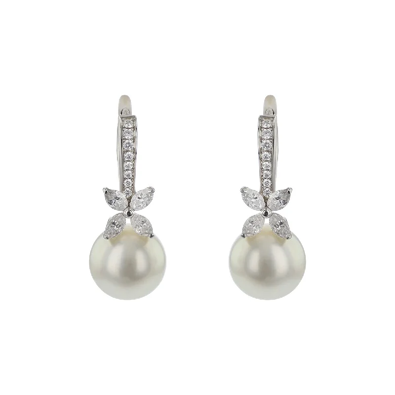 Wedding Earrings-White South Sea Pearl and Diamond Drop Earrings