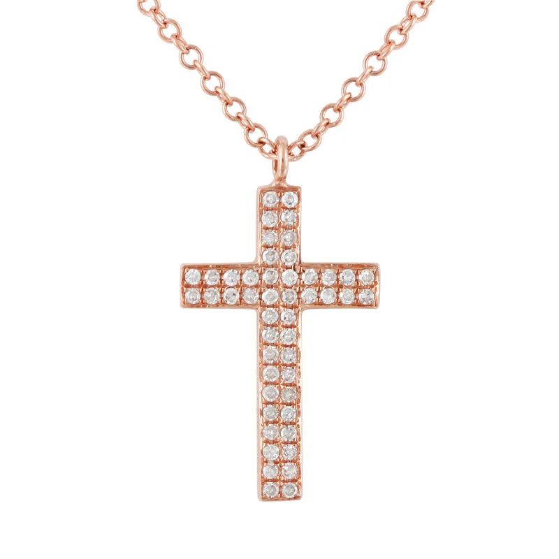 Heart Necklaces-14K Rose Gold Diamond Double Row Cross Necklace