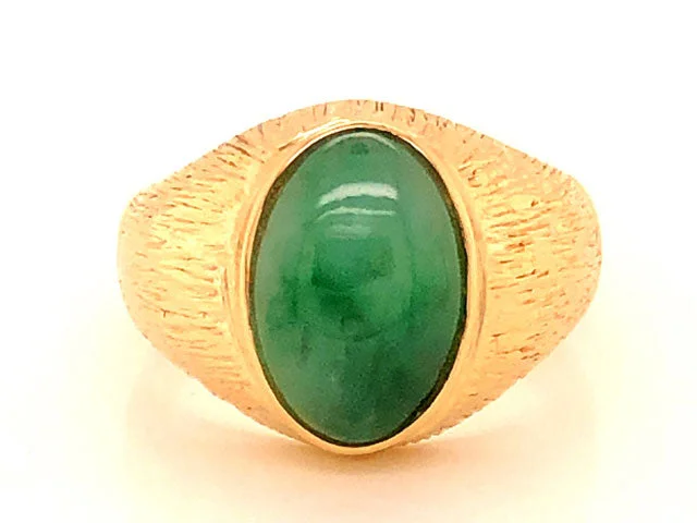 Unique Rings-Treebark Textured Green Jade Ring - 14k Yellow Gold