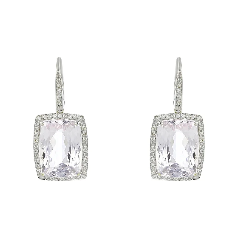 Gold Hoop Stud Earrings-18K White Gold Kunzite and Diamond Halo Drop Earrings