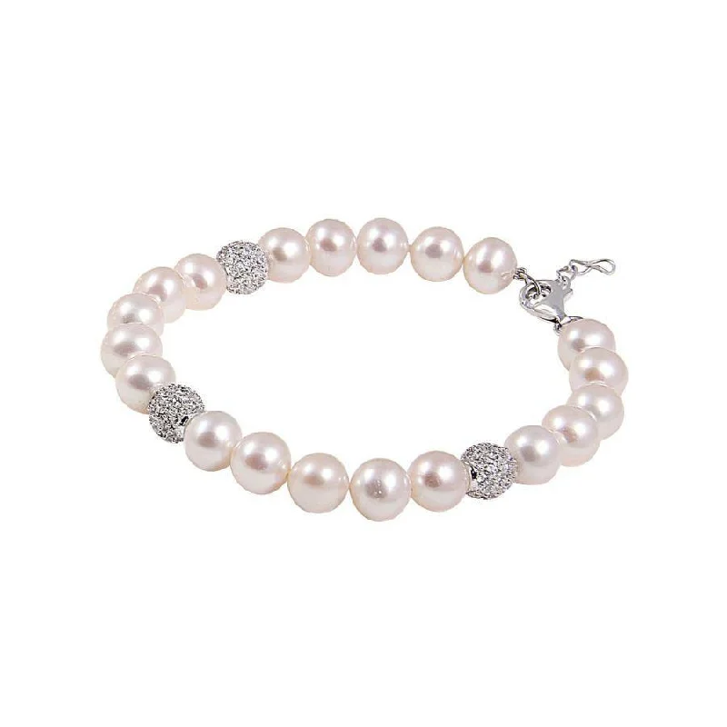 Gold Charm Bracelets-8.0-8.5mm Cultured Freshwater Pearl & Cubic Zirconia Set Ball Bracelet