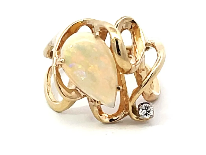 Unisex Rings-Pear Shaped Opal and Diamond Squiggly Ring in 14k Yellow Gold