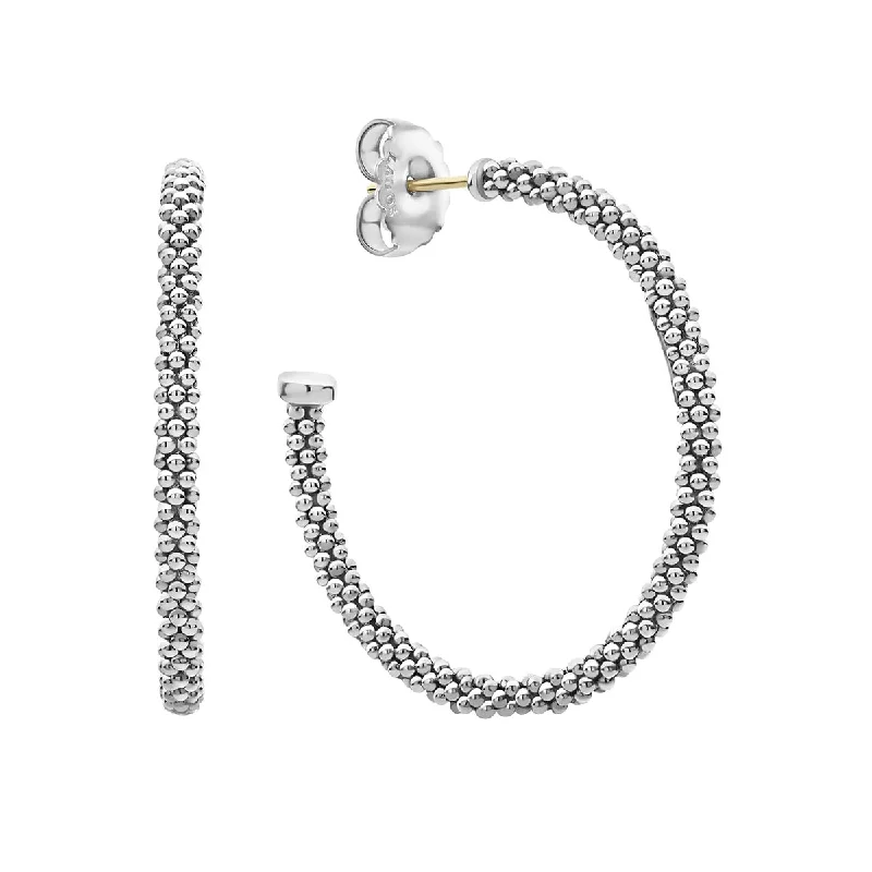 Luxury Pearl Earrings-Signature Caviar Large Beaded Hoop Earrings in Sterling Silver