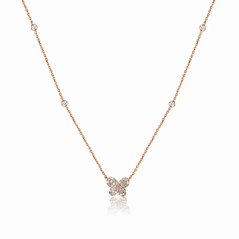 Short Necklaces-14K Rose Gold Diamond Butterfly Necklace