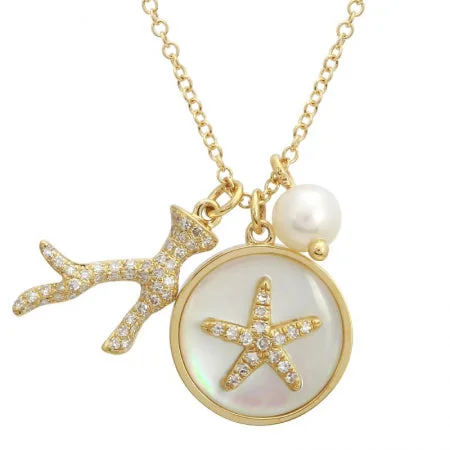 Pave Diamond Necklaces-14K Yellow Gold Pearl Starfish Necklace