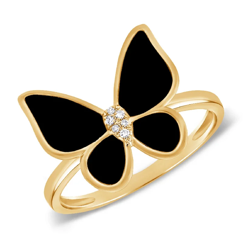 Ruby Rings-Black Agate Diamond Butterfly Ring made in 14K Gold