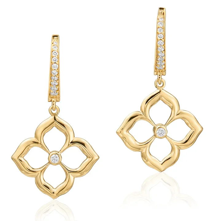 Beige Earrings-Diamond Lotus Fleur Drop Earrings in 18K Yellow Gold