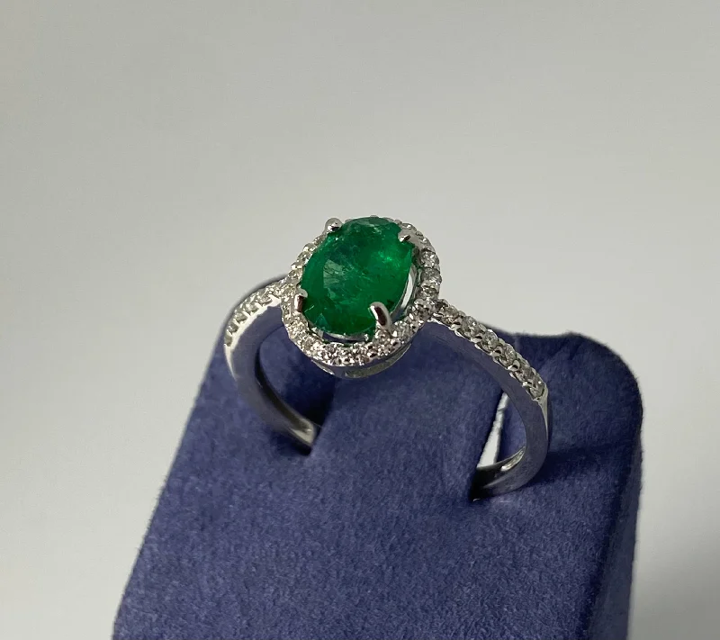 Minimalist Rings-White Gold Oval-Shape Natural Emerald and Diamond Ring