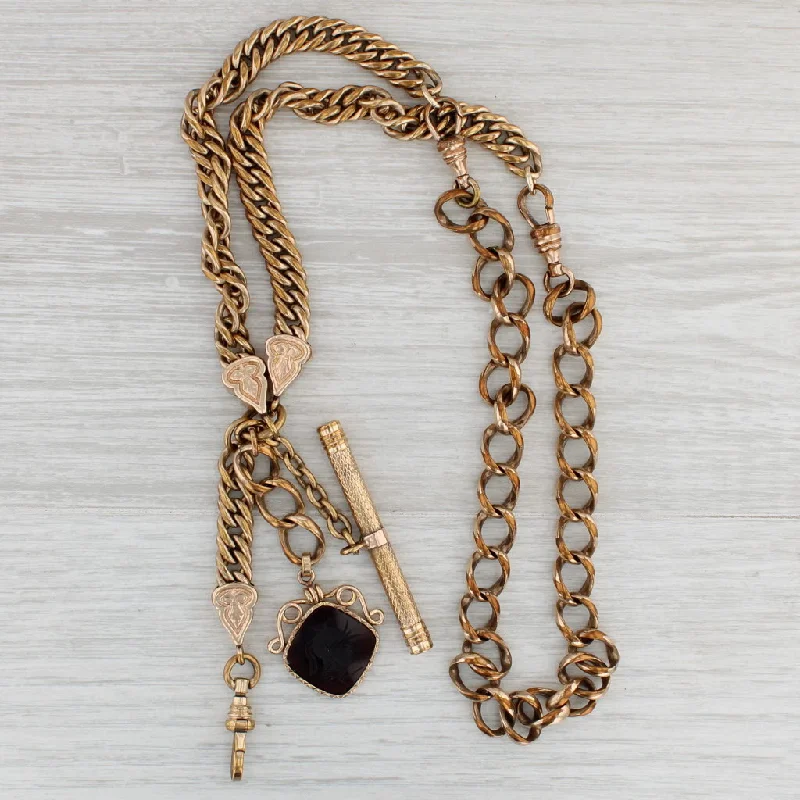 Luxury Pearl Necklaces-Victorian Antique Watch Fob Chain Necklace Pendant Sardonyx Intaglio Gold Filled