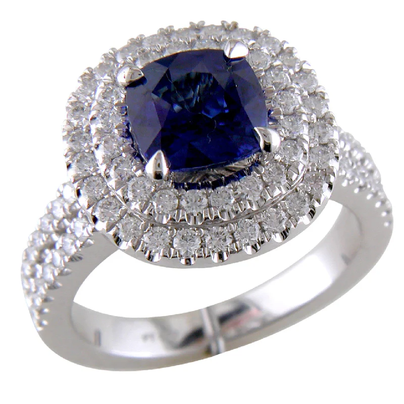 Sparkly Engagement Rings-Cushion Shaped Blue Sapphire & Diamond Double Halo Platinum Engagement or Cocktail Ring