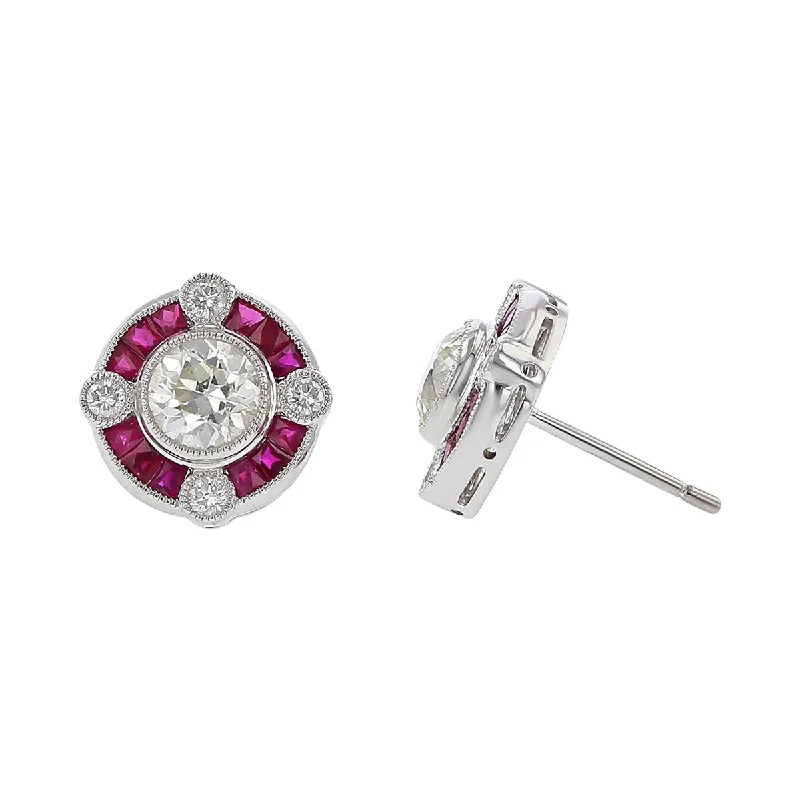 Black Earrings-Platinum Diamond and Ruby Halo Stud Earrings