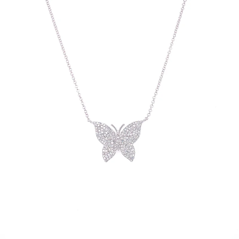 Engraved Gold Necklaces-14K White Gold Pave Diamond Butterfly Necklace