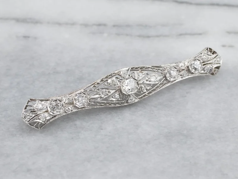 Simple Diamond Brooch-Platinum Art Deco Diamond Filigree Brooch