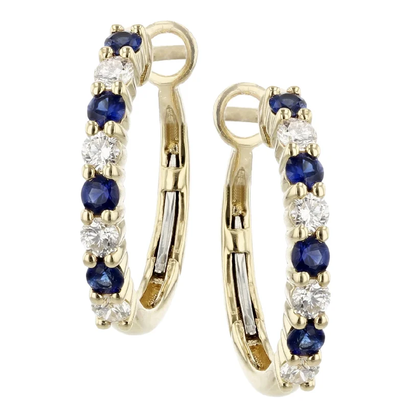 Iridescent Earrings-14KY 8 FULL CUT=0.40CT AND 8 ROUND HEATED SAPPHIRE=0.64CT ALTERNATING SHARED PRONG HOOP EARRINGS