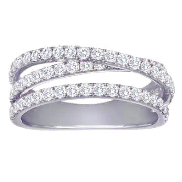 Gemstone Wedding Rings-Diamond Crossover Band Ring Three Offset Rows in 14K White Gold