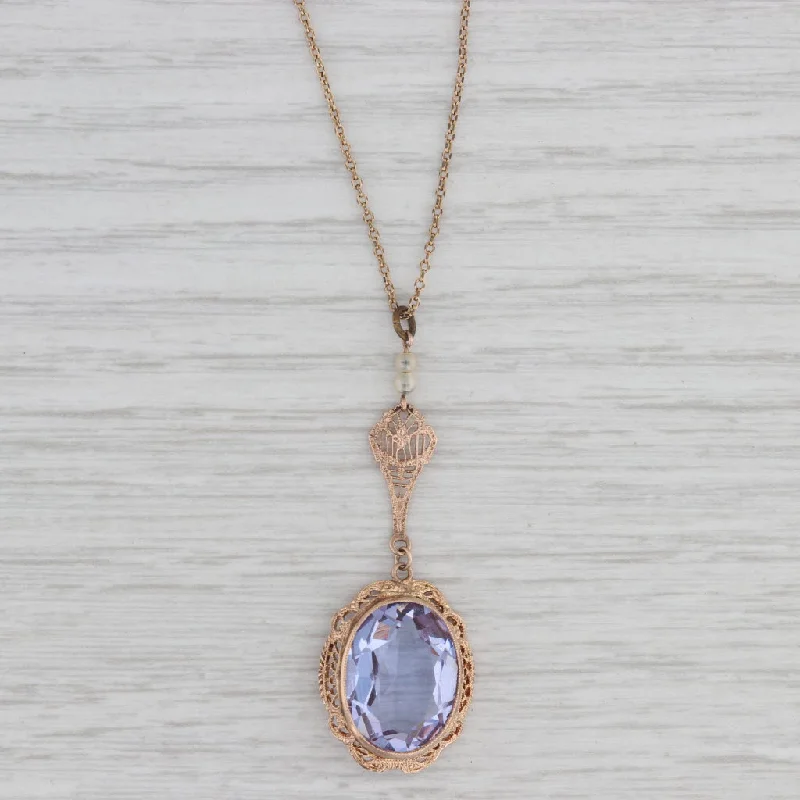 Luxury Diamond Necklaces-Antique Purple Glass Lavalier Filigree Pendant Necklace 10k Gold 19" Chain